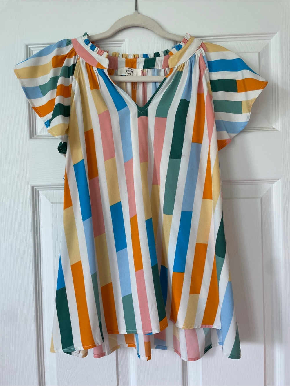 Striped Multicolor Flutter-Sleeve Tunic Top M
